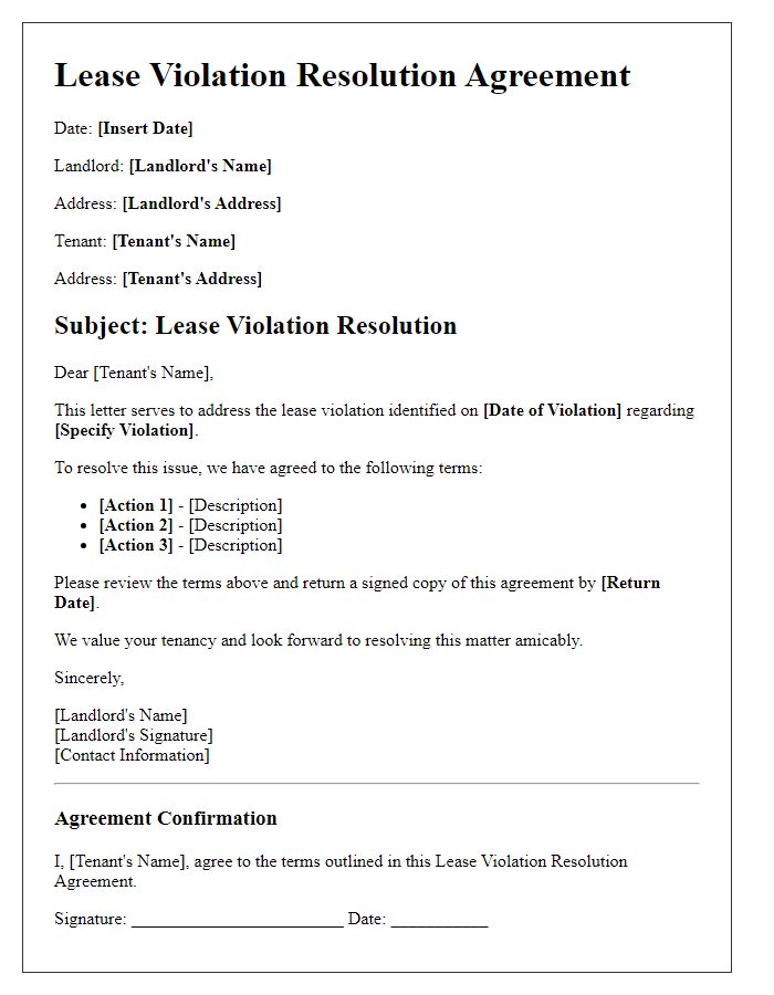 Letter template of lease violation resolution agreement