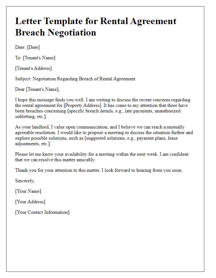 Letter template of rental agreement breach negotiation