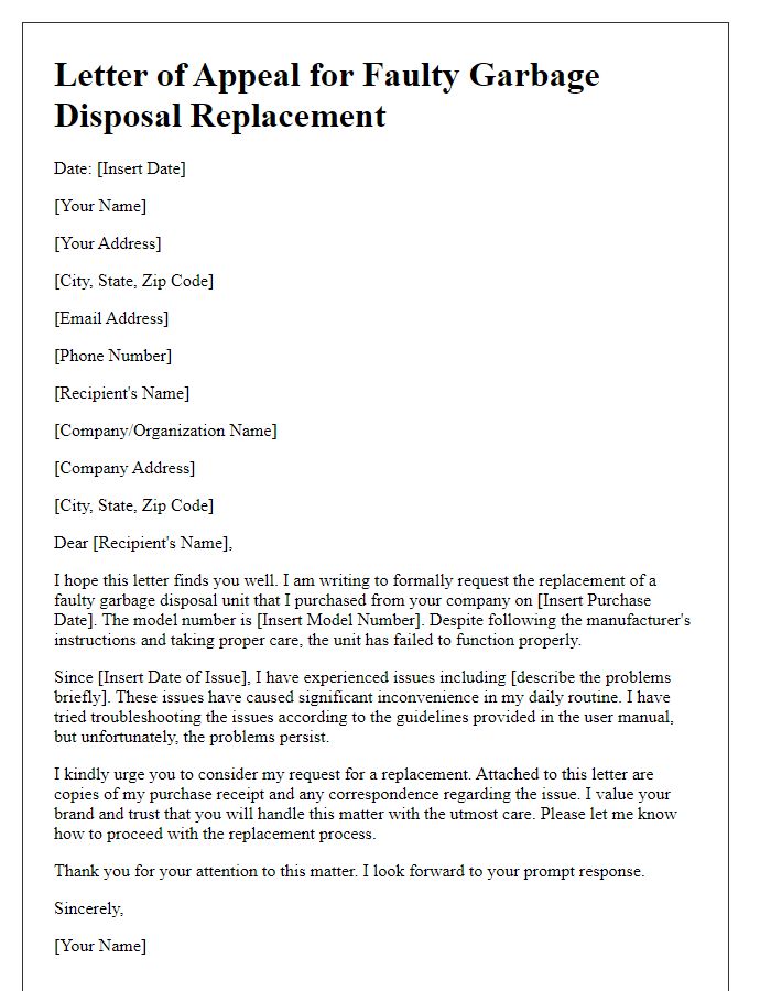 Letter template of appeal for faulty garbage disposal replacement