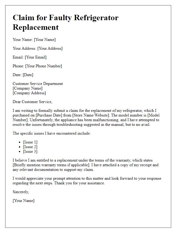 Letter template of claim for faulty refrigerator replacement