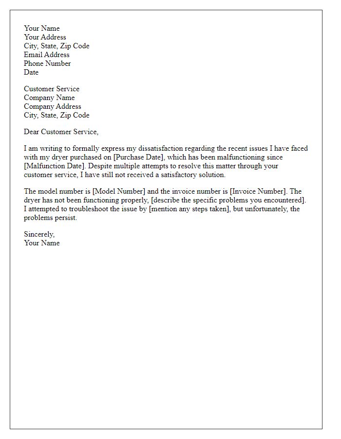 Letter template of formal complaint for broken dryer replacement