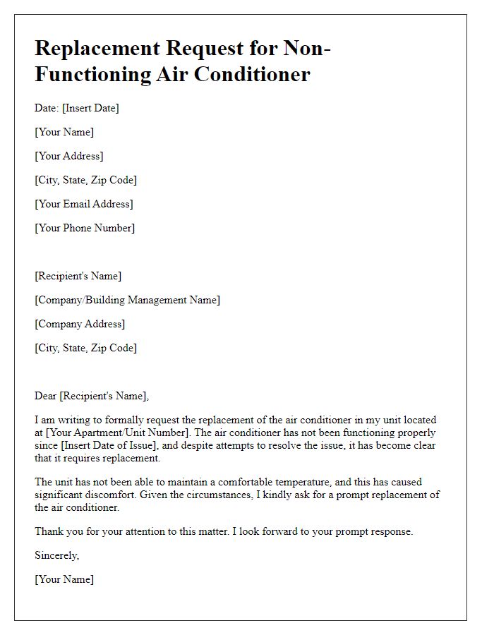 Letter template of replacement request for non-functioning air conditioner