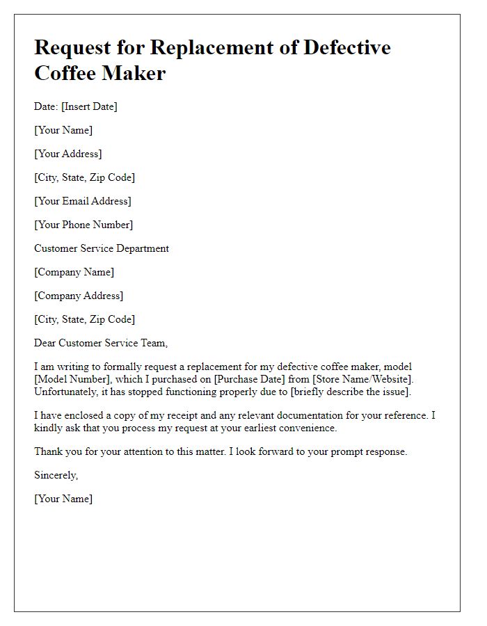 Letter template of request for defective coffee maker replacement