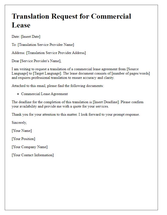 Letter template of commercial lease translation request