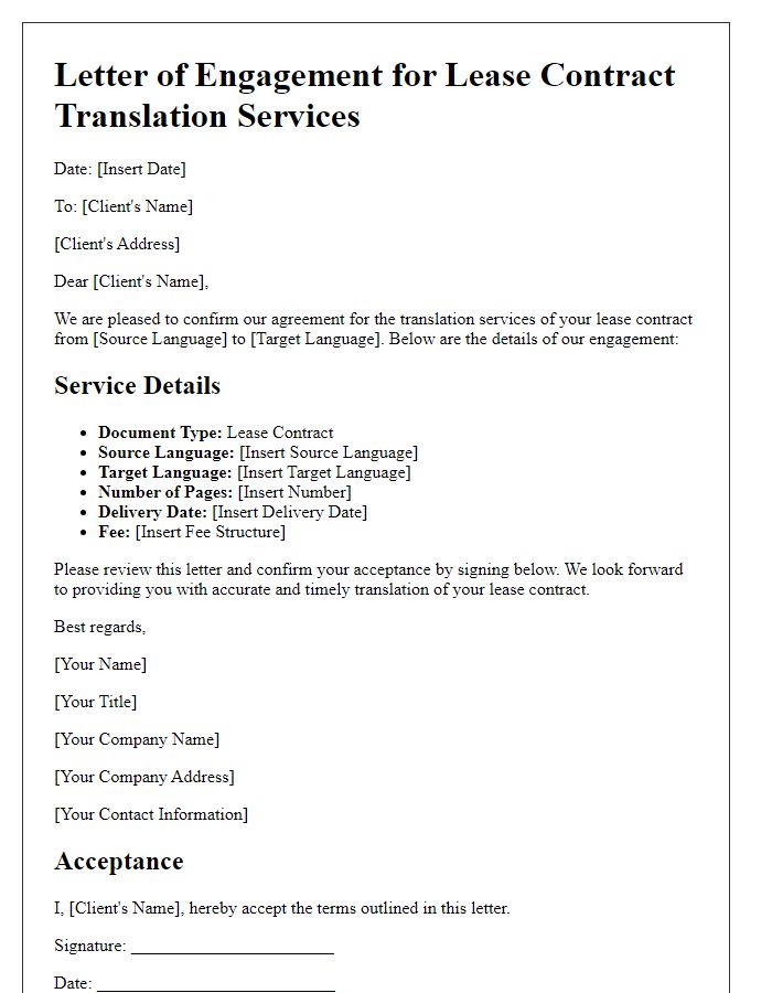 Letter template of lease contract translation services