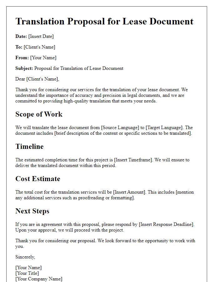 Letter template of lease document translation proposal