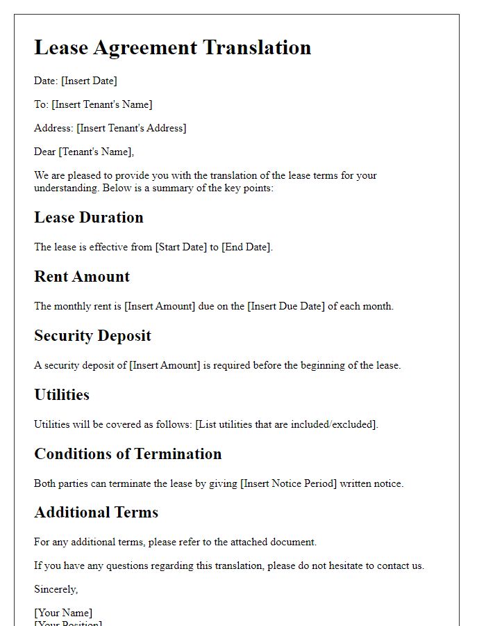 Letter template of lease terms translation