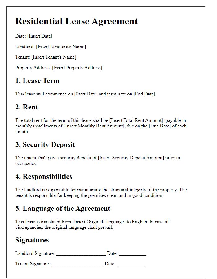 Letter template of residential lease translation