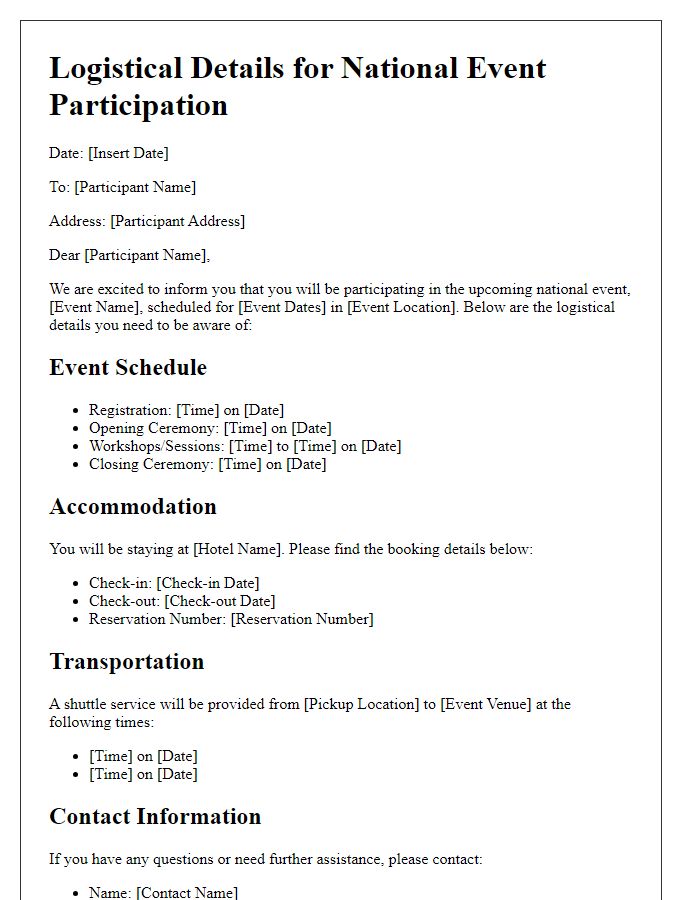 Letter template of logistical details regarding national event participation