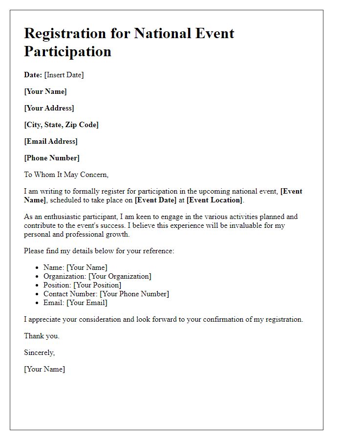 Letter template of registration for national event participation