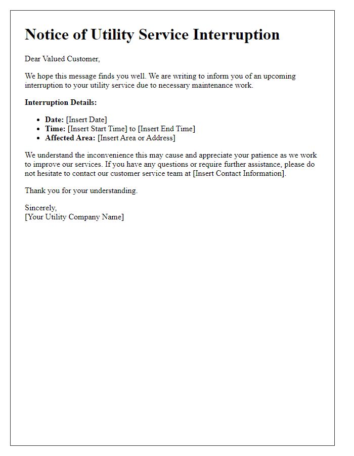 Letter template of utility service interruption advice for affected customers.