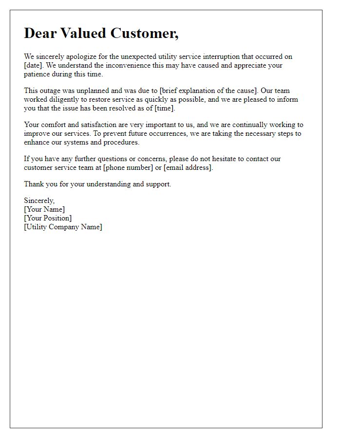 Letter template of utility service interruption apology for unplanned outages.