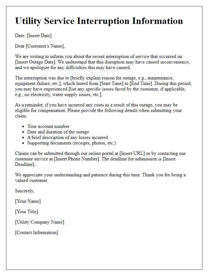 Letter template of utility service interruption information for outage compensation claims.