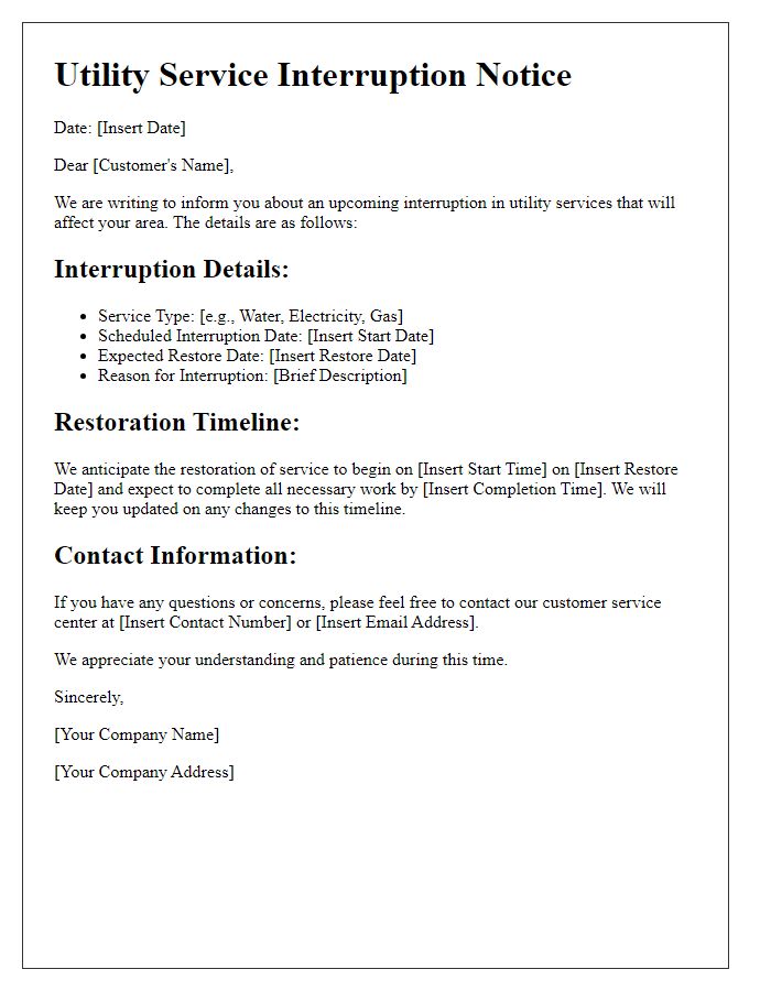 Letter template of utility service interruption service restoration timeline.