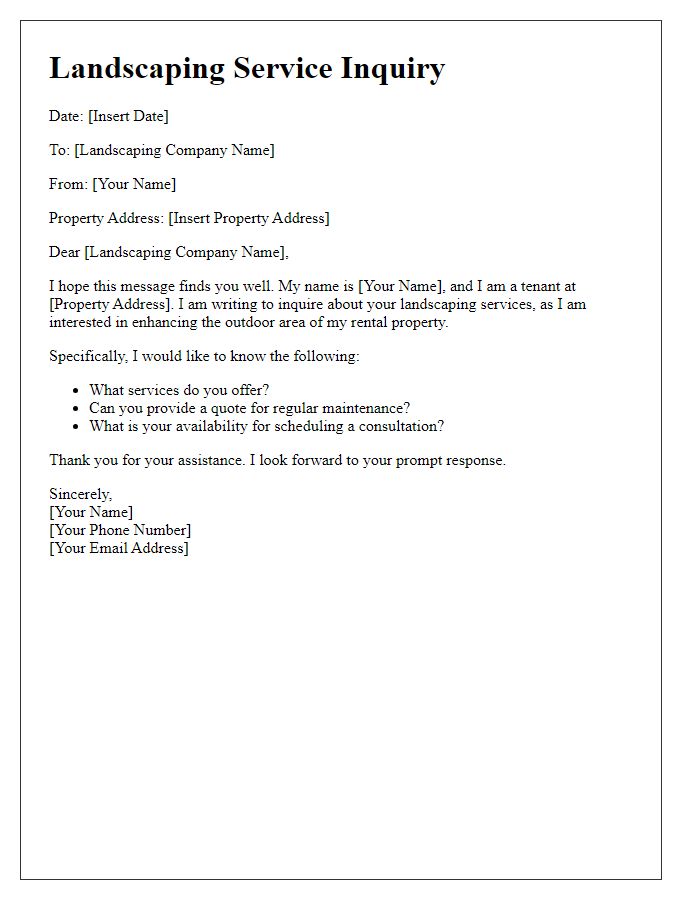 Letter template of landscaping service inquiry for tenants