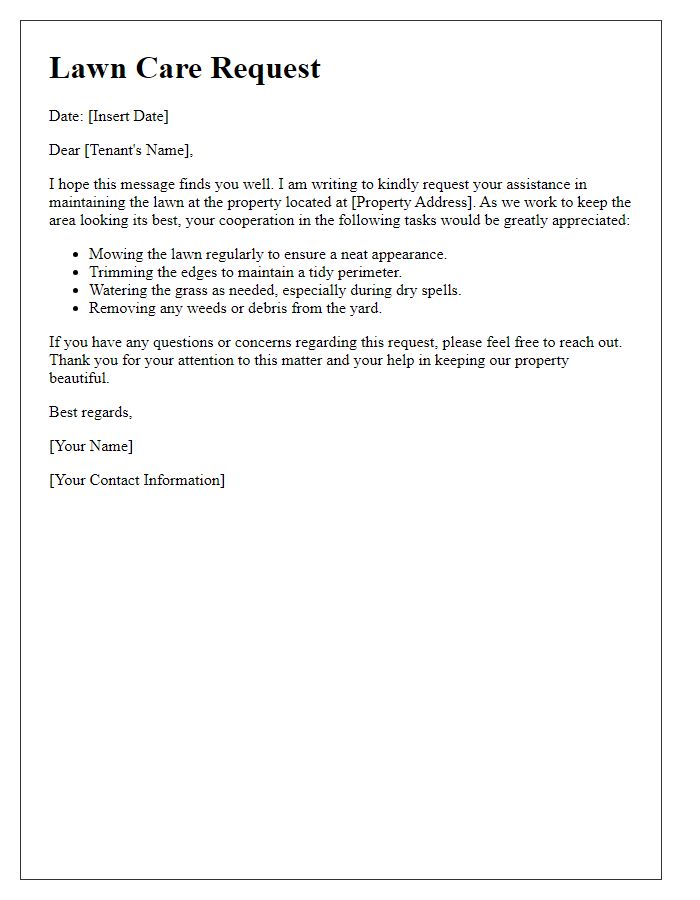 Letter template of lawn care request for tenants