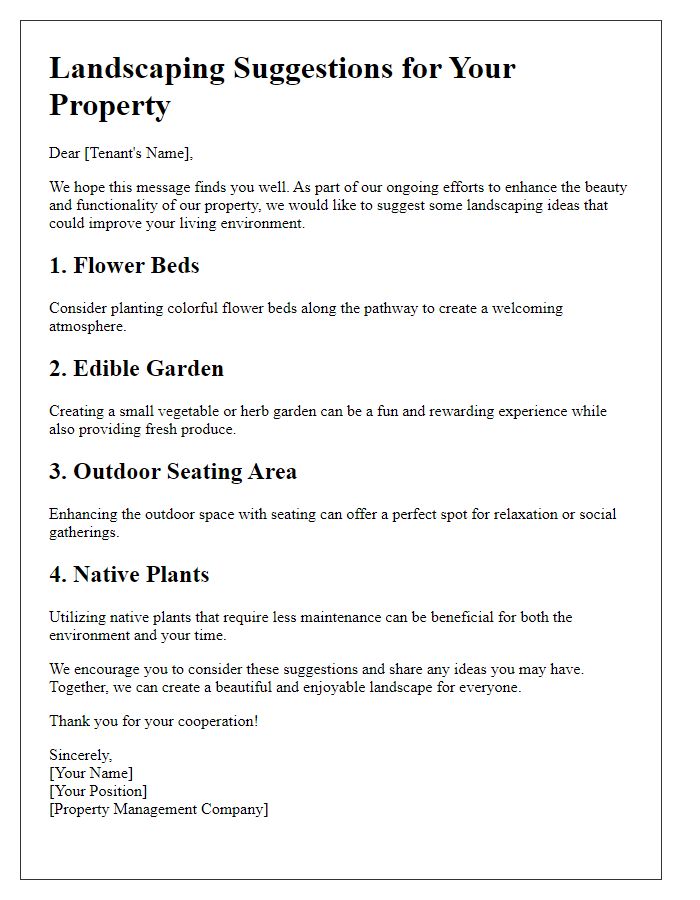 Letter template of property landscaping suggestion for tenants