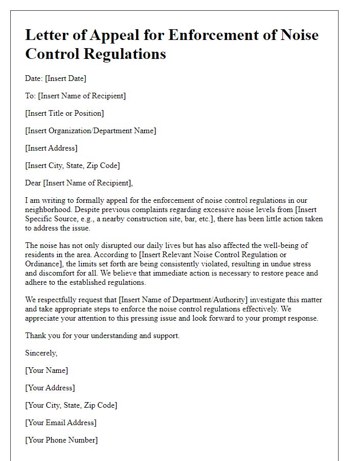 Letter template of appeal for enforcement of noise control regulations.