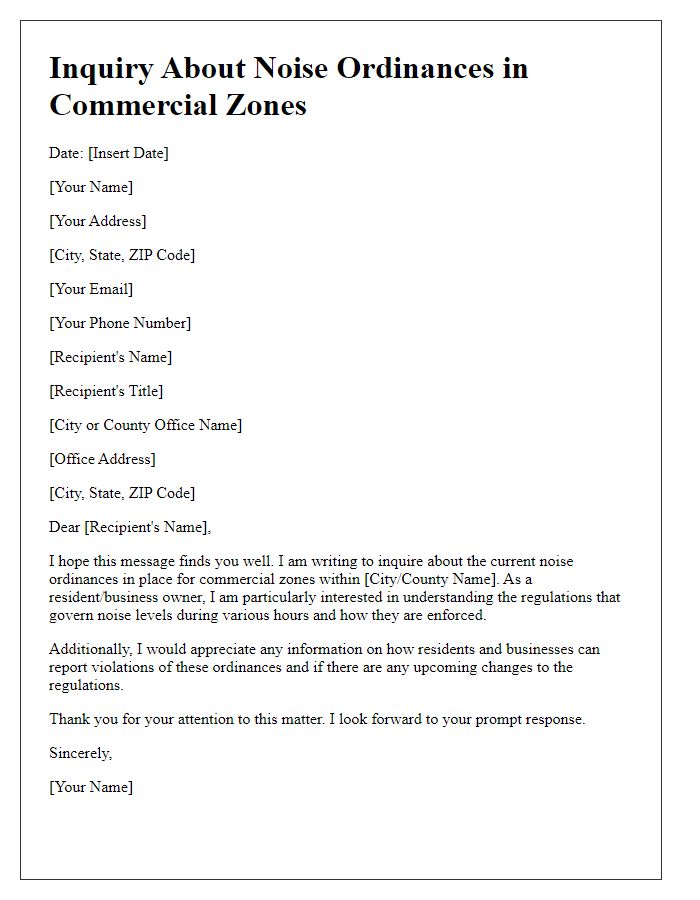 Letter template of inquiry about noise ordinances in commercial zones.