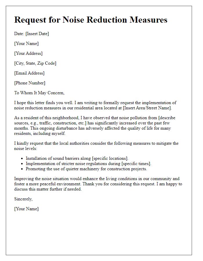 Letter template of request for noise reduction measures in residential areas.