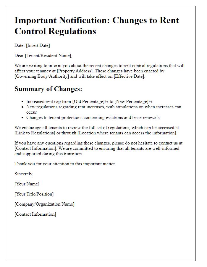 Letter template of changes to rent control regulations