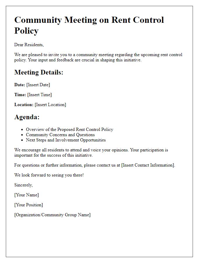 Letter template of community meeting on rent control policy