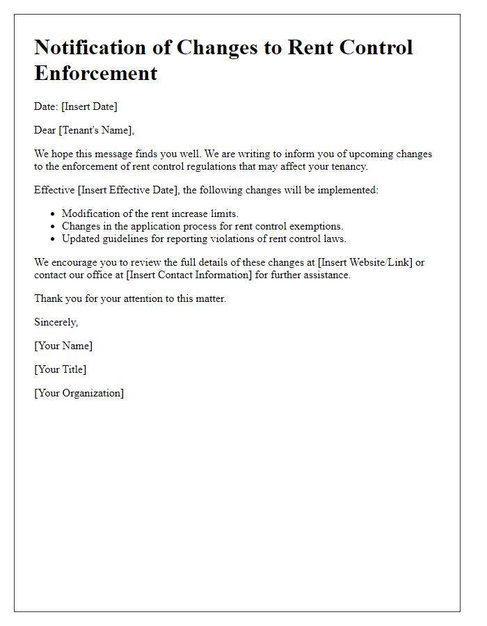 Letter template of rent control enforcement changes