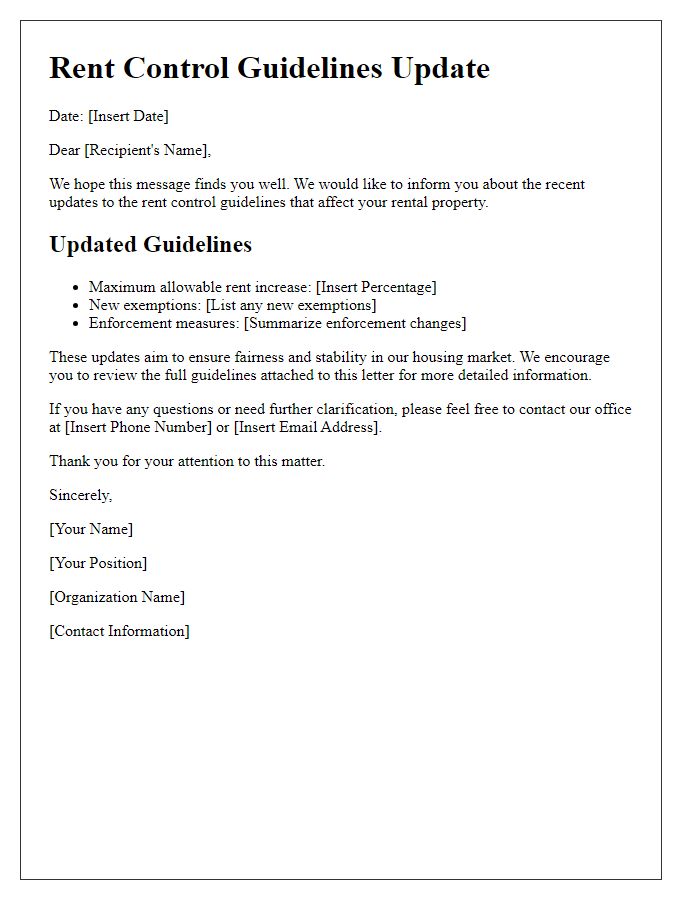 Letter template of rent control guidelines update