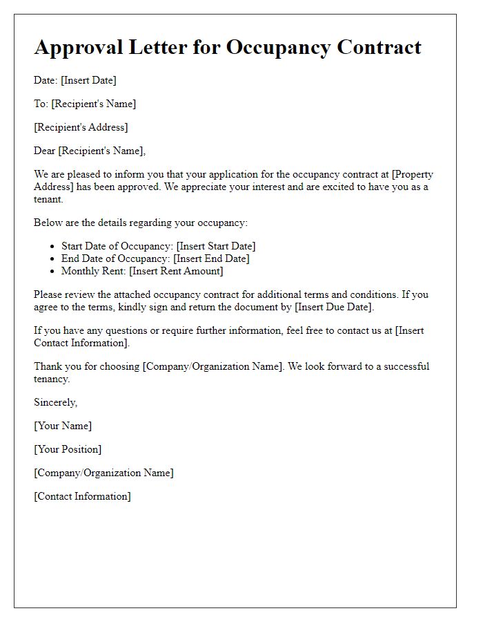 Letter template of approval for occupancy contract