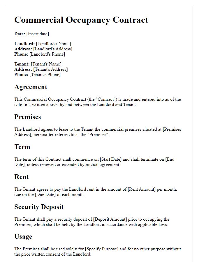 Letter template of commercial occupancy contract