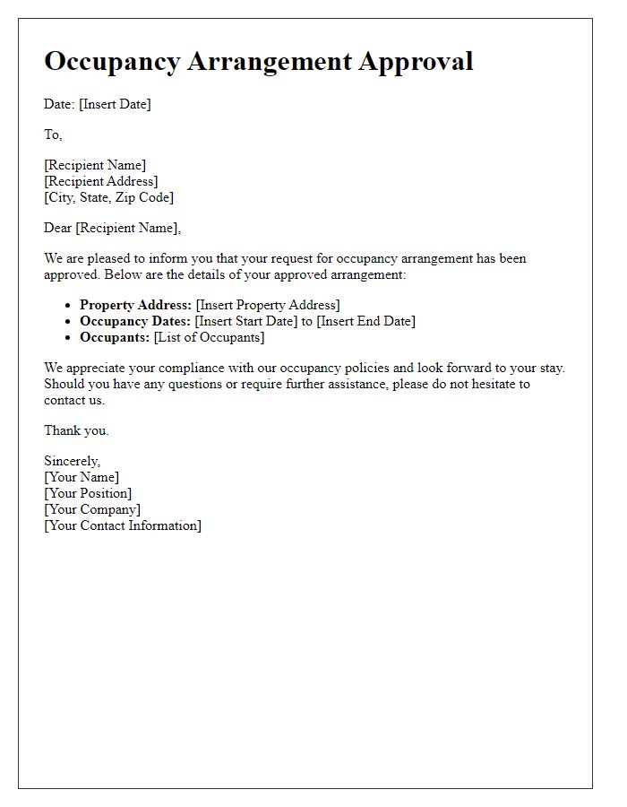 Letter template of occupancy arrangement approval