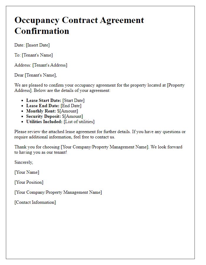 Letter template of occupancy contract agreement confirmation