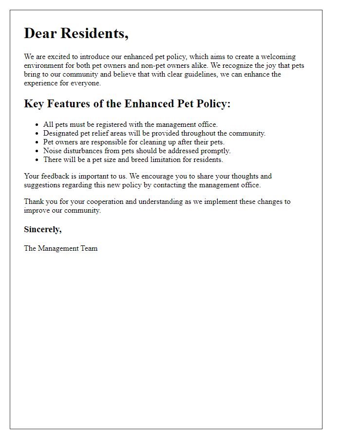 Letter template of enhanced pet policy introduction