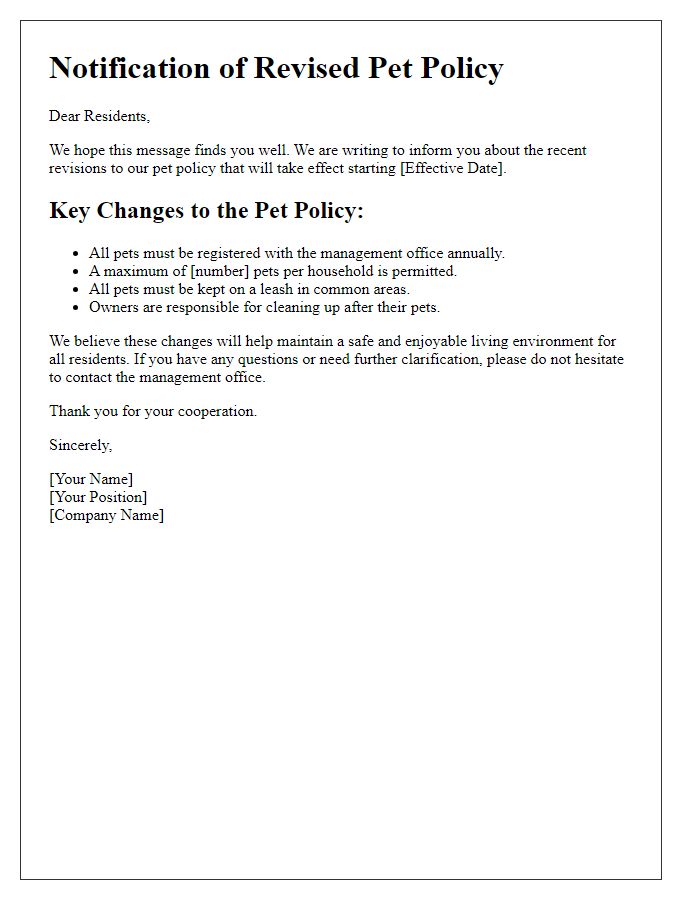 Letter template of revised pet policy notification