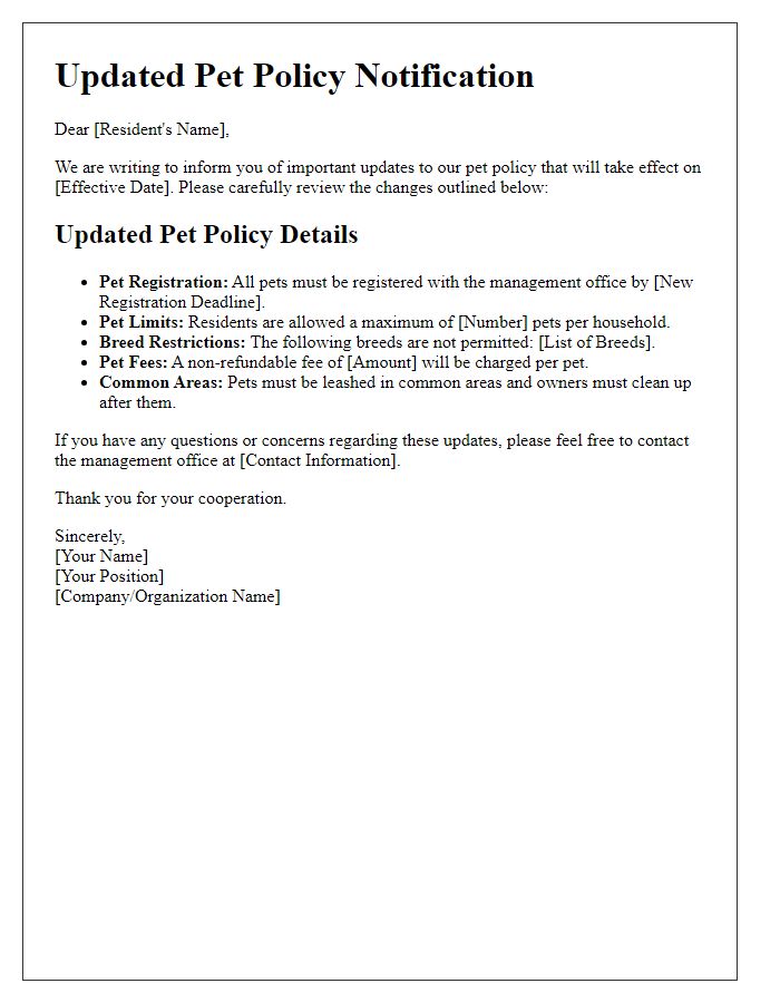 Letter template of updated pet policy details