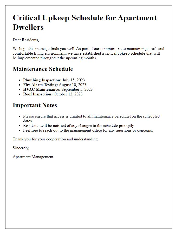 Letter template of critical upkeep schedule for apartment dwellers