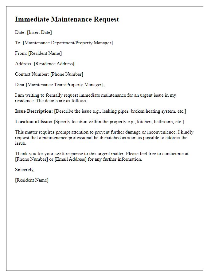 Letter template of immediate maintenance request for residents