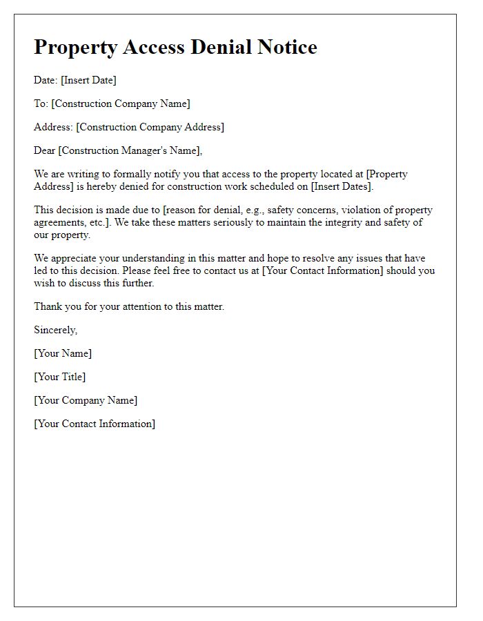 Letter template of property access denial for construction workers.