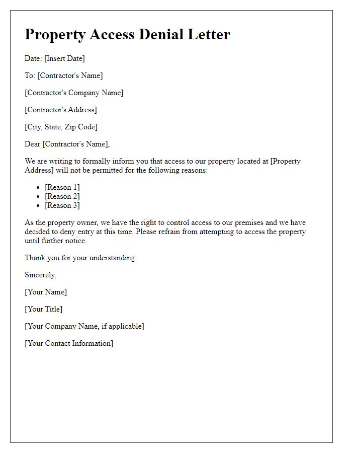 Letter template of property access denial for contractors.