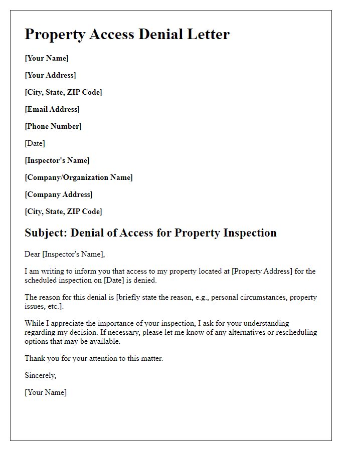 Letter template of property access denial for inspections.