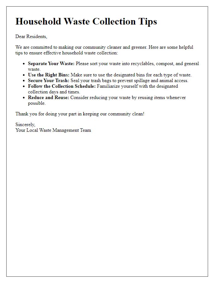 Letter template of household waste collection tips