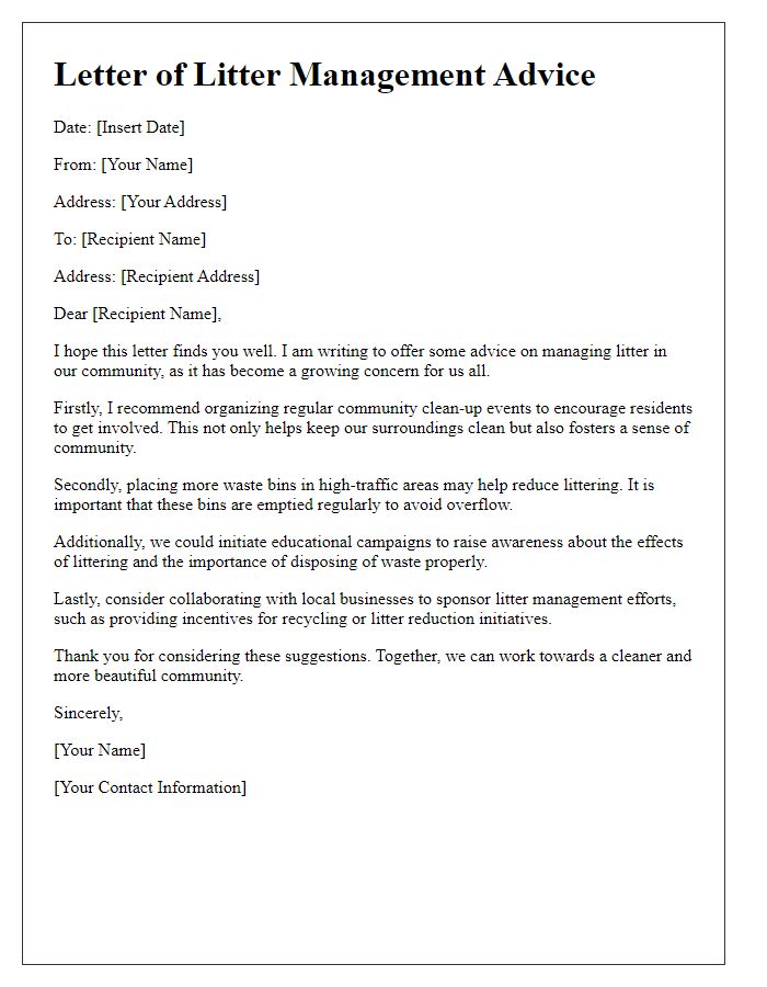 Letter template of litter management advice