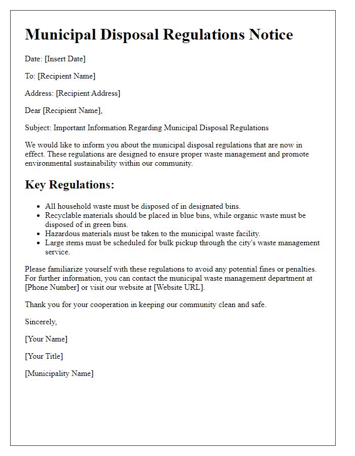 Letter template of municipal disposal regulations