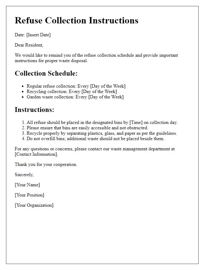 Letter template of refuse collection instructions