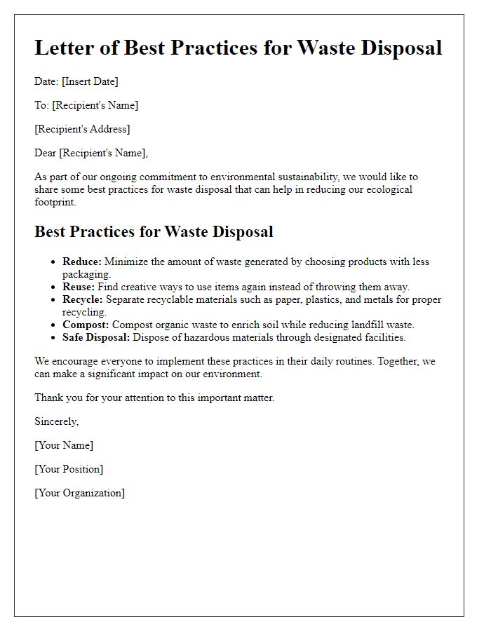 Letter template of waste disposal best practices