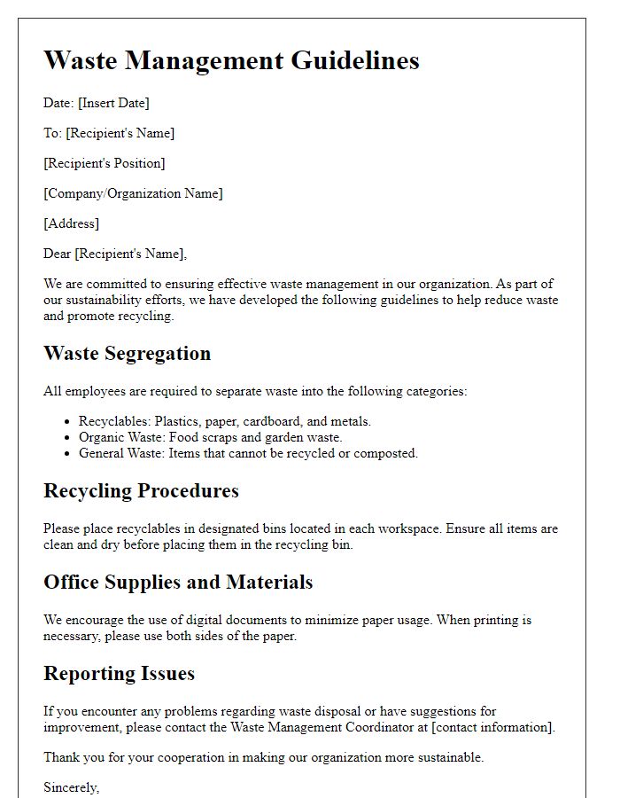 Letter template of waste management guidelines