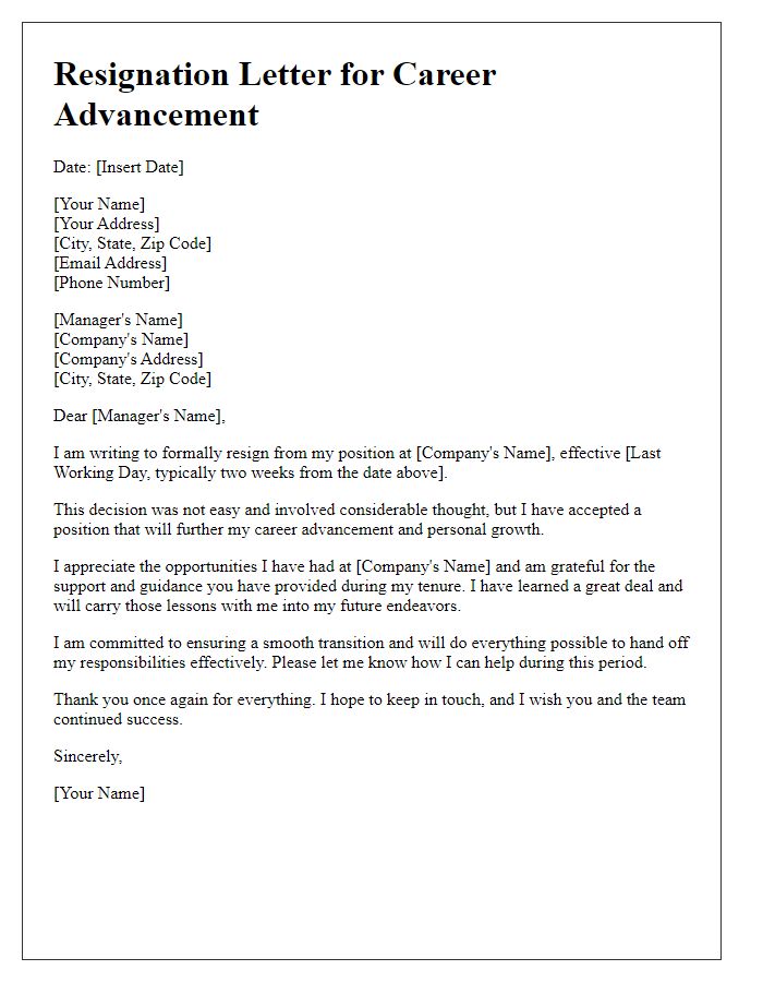 Letter template of resignation for career advancement with notice.