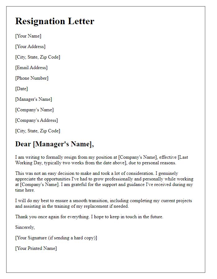 Letter template of resignation due to personal reasons with notice.