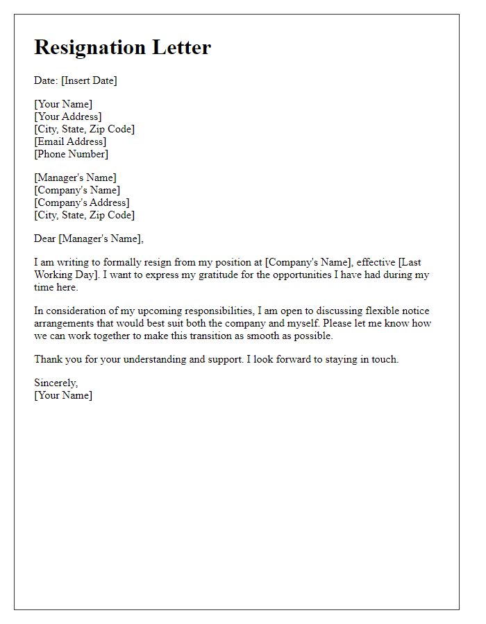 Letter template of resignation with flexible notice arrangements.