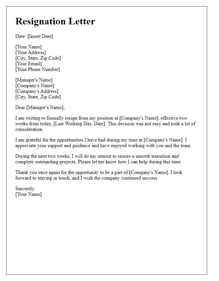 Letter template of resignation with two weeks' notice.